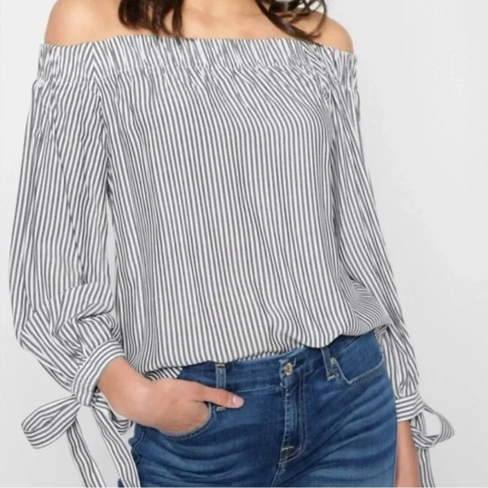 NEW 7 For All Mankind Off the Shoulder Striped Bow Tie Sleeves Blouse